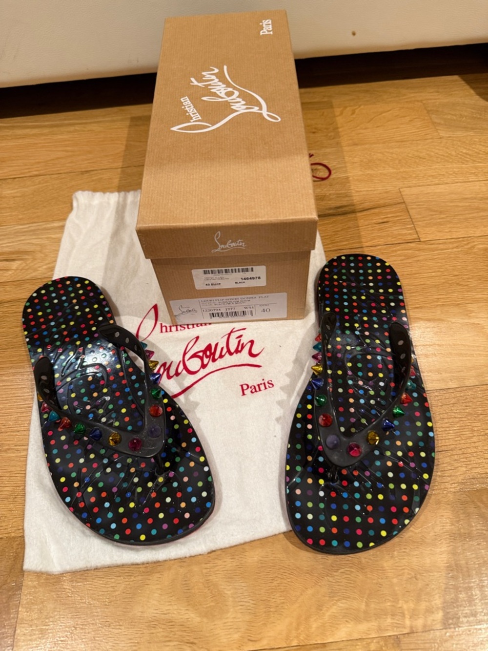 Christian Louboutin Black Multicolor Polka Dot Jelly Flip Flops - Picture 2 of 4